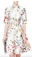 Oscar de la Renta English Garden Floral Silk Cotton Mikado Dress UK 8 10 Resort