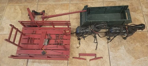 Antique 2 wooden 9x10" Clydesdale horse 11x17" red wagon & 6x16" green  bobsled