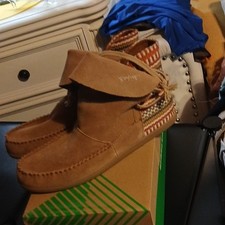 Authentic Leather Moccasins Aztec Patterned Ankle Bootie Lace Up Women's