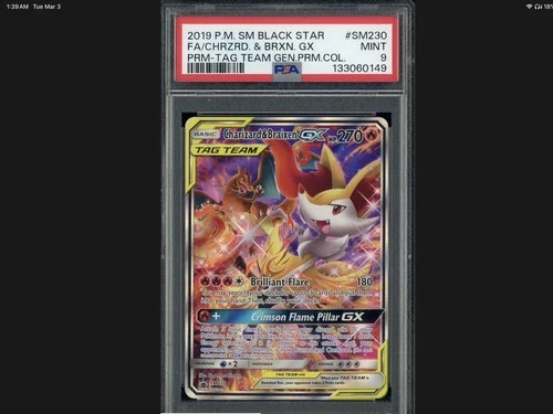 2019 Pokemon SM Black Star Tag Team #SM230 FA Charizard & Braixen GX PSA 9