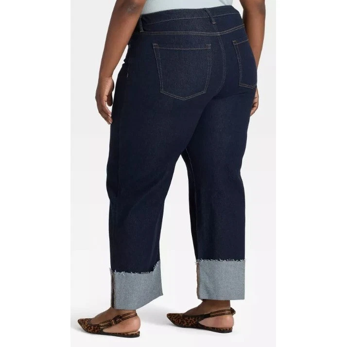 Pantalones de mezclilla para mujer Ava & Viv pierna recta botón mosca talla 24 pierna ancha con puños Foto 4 de 4