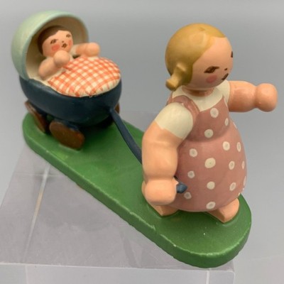Vintage German Erzgebirge Girl Pulling Baby in a Buggy Figurine WuK Wendt & Kuhn