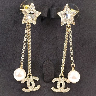 CHANEL Star CC Logo Pearl Drop Earrings Gold Tone Chain Dangle