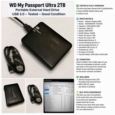 WD My Passport Ultra 2TB Portable External Hard Drive USB 3.0 Tested Good!