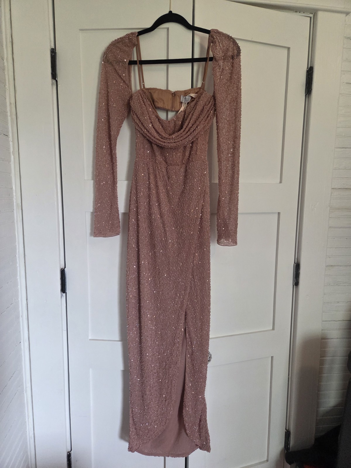 Oh Polly Champel Nude Maxi Dress US 6 Cowl Neck Sequin Beaded Mesh Strappy