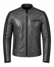 Chaqueta de corredor de café de cuero de cordero real gris carbón para hombre rayas negras de carreras