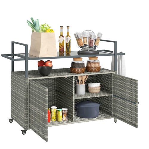 Outsunny PE Rattan Outdoor Bar Table with 2-Tier Shelf, Patio Serving Cart