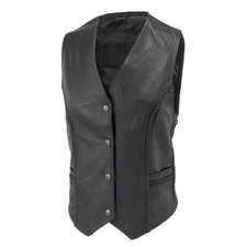 WOMEN'S MOTORCYCLE RIDING LEATHER BRAIDED VEST SIDE LACES GUN POCKET INSIDEBLACK