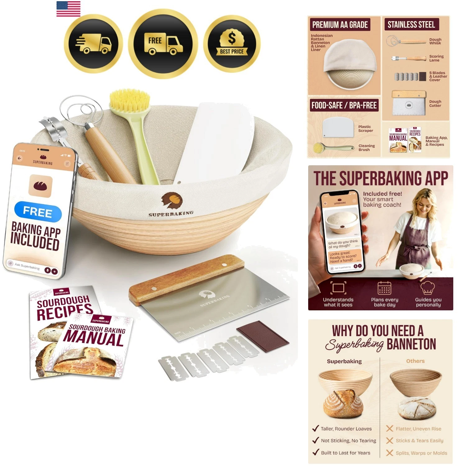 Bread Proofing Basket Set Sourdough Baking Supplies Gift Kit Tools
Opens in a new window or tab