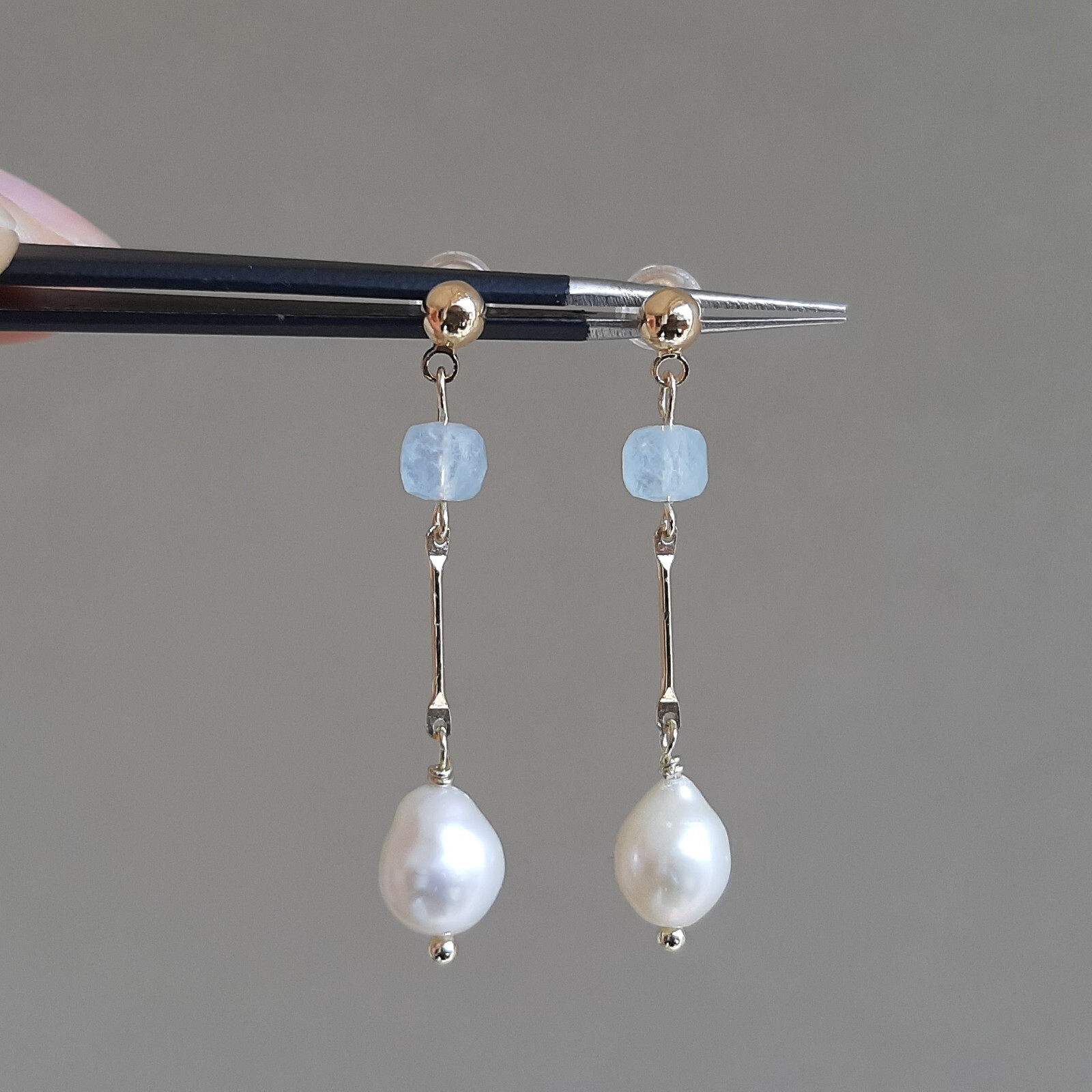 Boucles D'oreilles Argent 925 Pierres Naturelles : Aigue-marine Et Quartz Fumé - Neuves Sans Boîte
