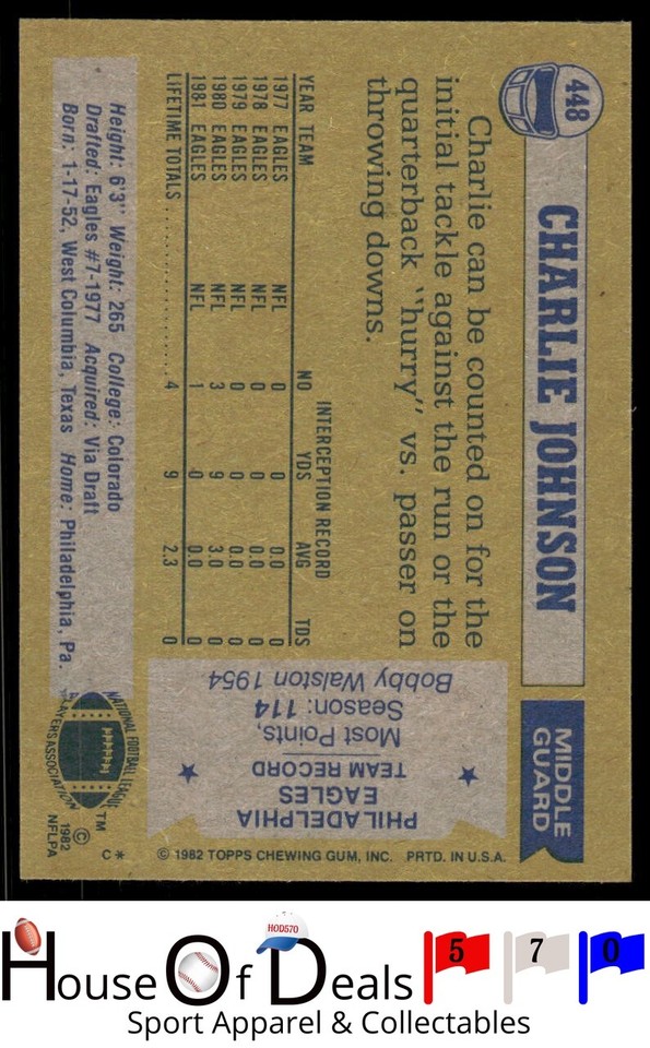 1982 Topps 448 Charlie Johnson Philadelphia Eagles Football Card eBay