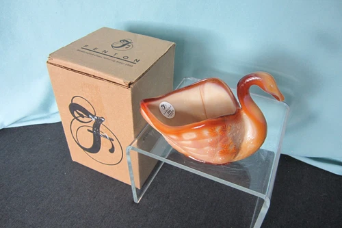 Fenton Art Glass Co. 2005  Open Swan shades of Brown 5 ins long Sticker MIB