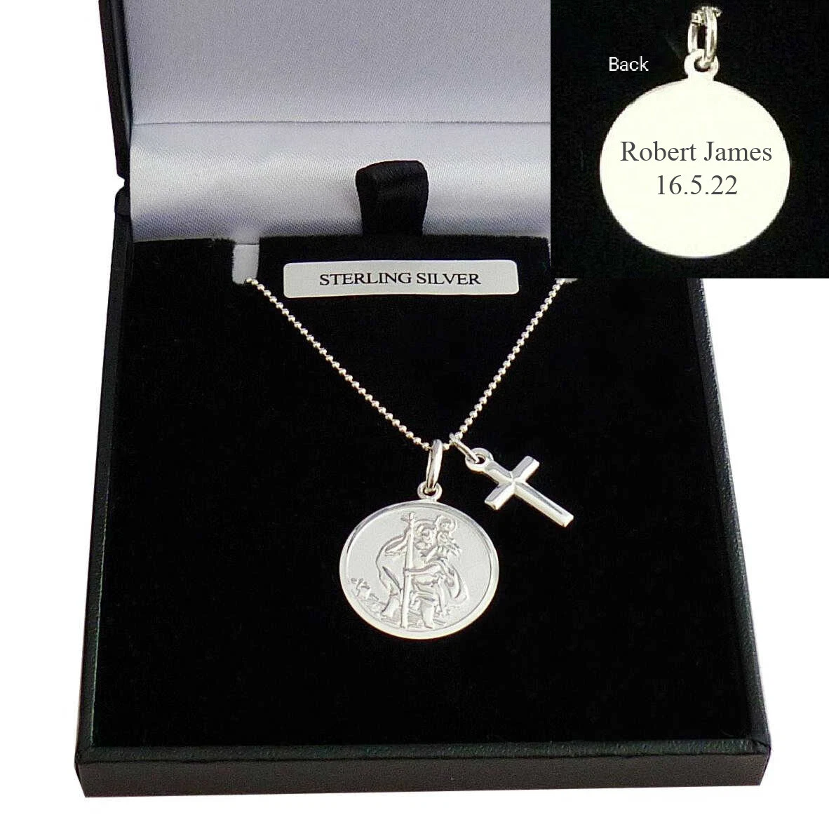 St Christopher Necklace with Cross. 925 Sterling Silver