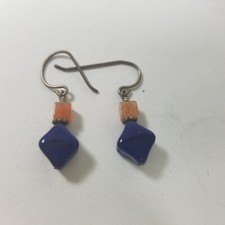 Jewelry Artisan Dangle Earrings Blue Art Glass Beads Pierced Silver Tone Hook