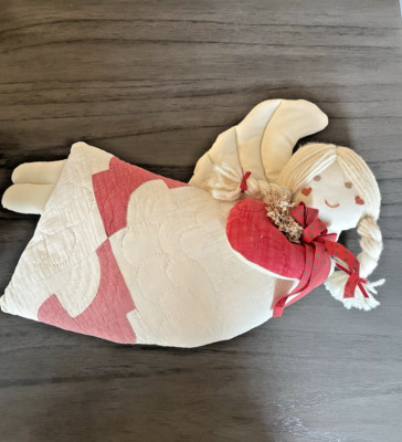 Vintage Hand-Made Quilted & Stuffed Angel w/ Braided hair & adorable face 15in