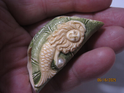 Mermaid & Pearl on Lotus Pad Hand Carved 2 1/8'' Collectible MPLPNH-12s-P