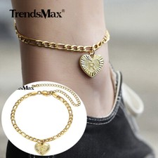 5mm Love Heart Initial Letter A-Z Anklet Gold Plated Stainless Steel Figaro Link