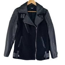 Slate & Willow Leather Moto Jacket Womens Small Black Faux Sherpa Pockets Lined