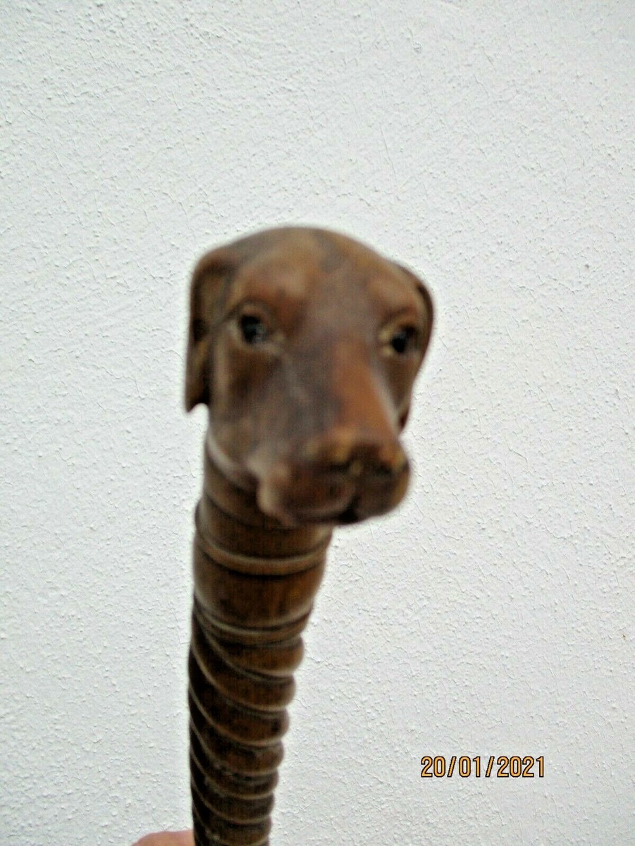 Poignée Ancienne Tête De Chien Sculptée En Bois Et Cuir Pour Cravache D'équitation - Vintage