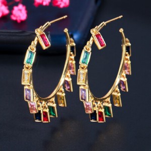 Authentic Lady Fashion Gold Plated Multicolor Rectangle Zircon Dangle Tassel Hoop Earrings