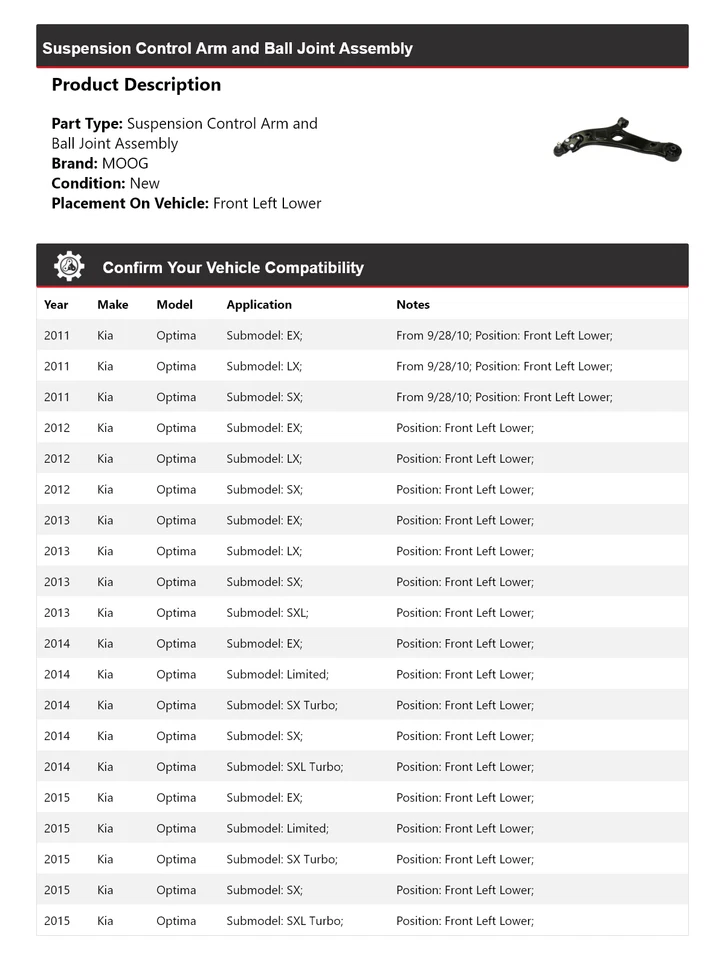 Conjunto de rótula de brazo de control delantero izquierdo inferior MOOG para Kia Optima 2011-2015 Foto 2 de 4