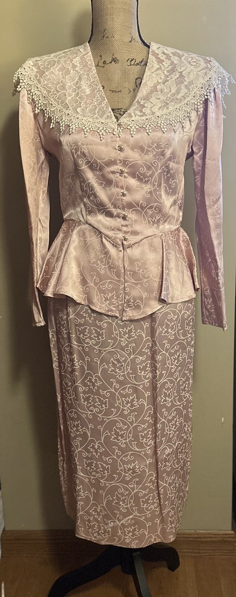1980s SCOTT McCLINTOCK Midi Pencil Dress Pink Peplum Jacquard Georgette  Lace 8