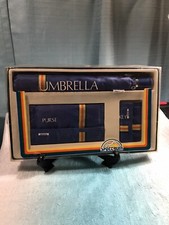Vintage 80s Travel Set Umbrella Purse Key Wallet New in Package Blue Rainbow