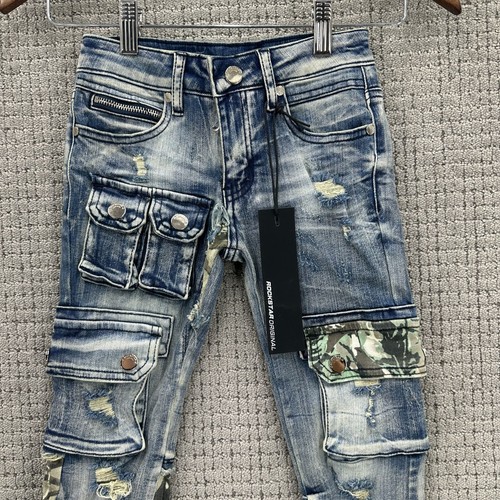 Rockstar Original Kinder Jeans Cargo Distressed Camo Blau Größe 5T Flare Denim Neu mit Etikett - Bild 3 von 11