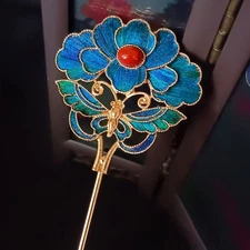 Hanfu Blue Enamel Hairpin Cloisonne Vintage Palace Style Chinese Hair Accessory