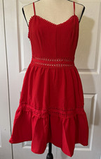 SHEIN Red Textured Pom Trim V-Neck Lace Insert Tiered Ruffle Cami Dress