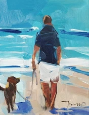 Jose Trujillo Art PRINT 16x20 Collectible Artist Painting Person Walking Dog