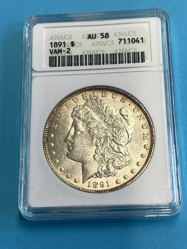 1891 Morgan Silver Dollar $1 NGC AU58 VAM-2 Doubled Ear Top 100 Old Holder