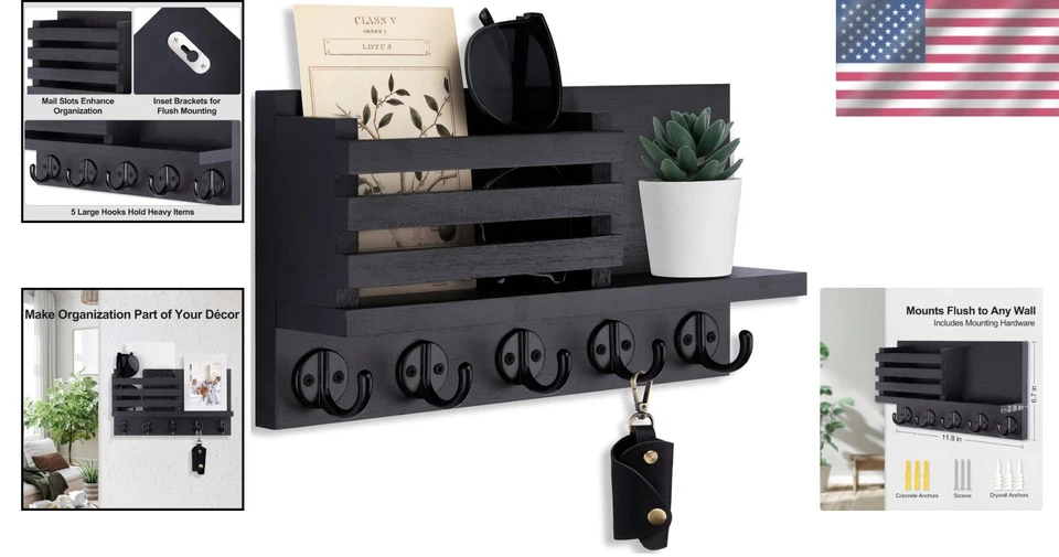 Wall Key Holder Rack with Shelf Rustic Wood Key Hook Organizer for Entryway - Image 2 of 4