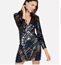 EXPRESS Black Multicolor Sequin Mini Dress V Neck Stretch Long Sleeves Size XS