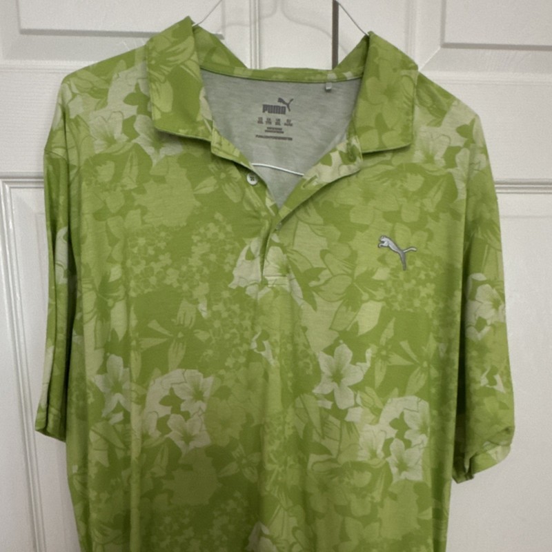 PUMA Golf Polo Men's XXL Green Floral Short Sleeve Collared Button Logo Stretch