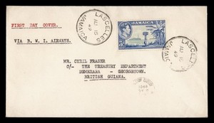 DR WHO 1949 JAMAICA FDC KGVI LASCELLES BWIA AIRMAIL TO BRITISH GUIANA R78596