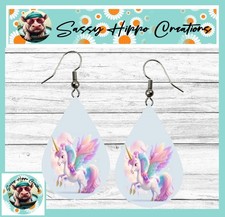 Earrings Teardrop Silver Hook Backs Colorful Unicorn Rainbow Flowers Fairytale