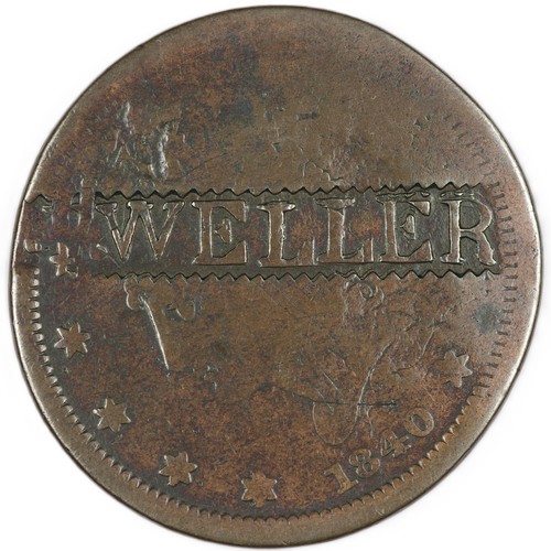 1840 Braided Hair Large Cent, Small Date, "...WELLER" Counterstamp, Brunk W-366 - Picture 2 of 5