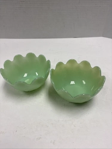 Lot of 2 VTG Jadeite Fire-King Lotus Blossom Leaf Dessert Cup Bowl 1950s.