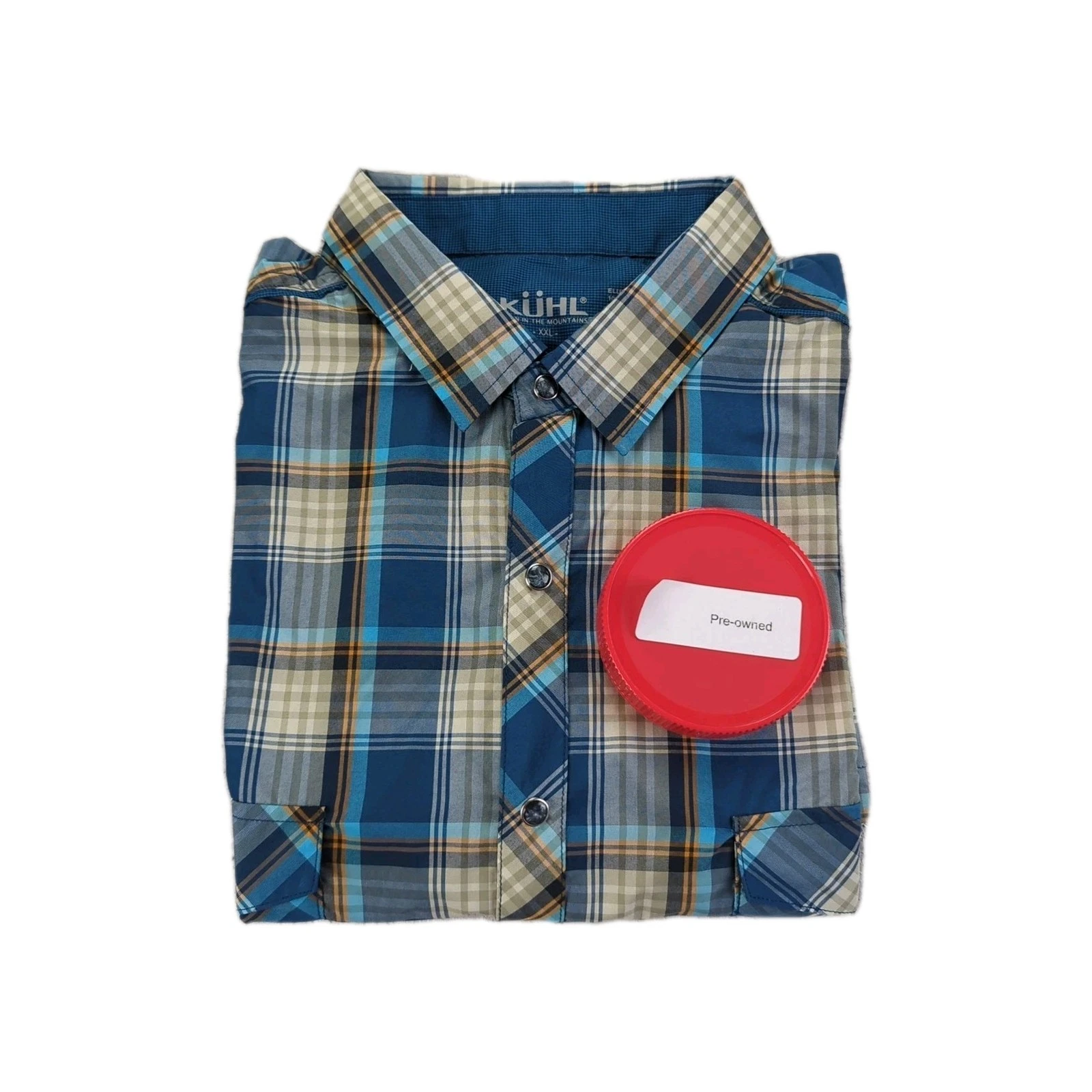 KUHL Mens Hiking Shirt Size XXL Pearl Snap Blue Plaid Short Sleeve Outdoor Trail