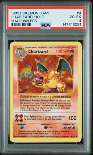 1999 POKEMON BASE SET SHADOWLESS #4 CHARIZARD-HOLO PSA 4