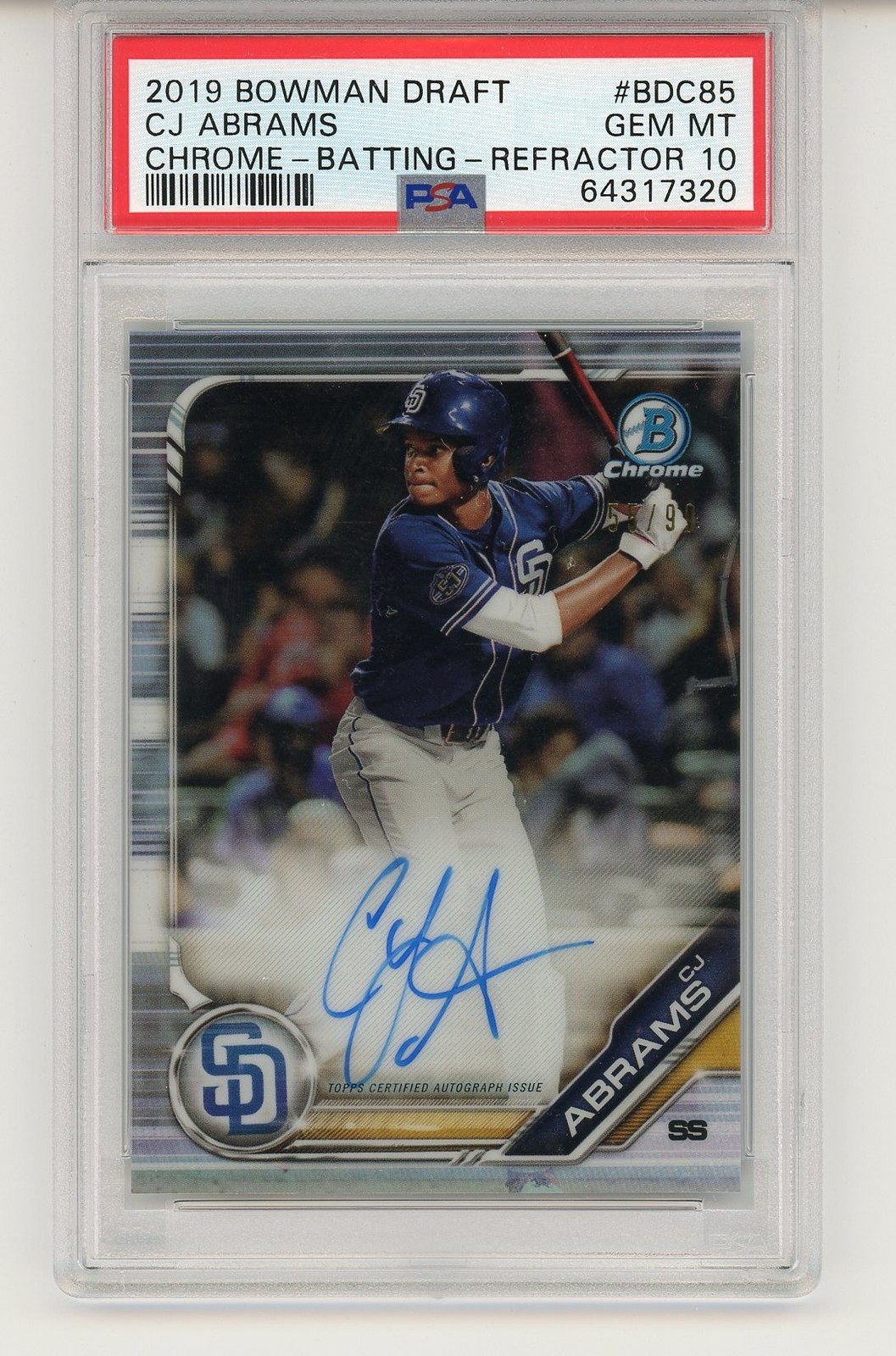 CJ Abrams 2019 Bowman Chrome Draft Rookie Batting Auto Refractor #55/99 PSA 10