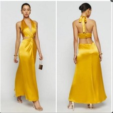 Reformation Silk Halter Maxi Dress Sz 4 Gold Cutout Backless Formal Evening Luxe