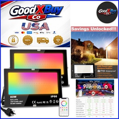 2 Pack LED Flood Lights Outdoor RGB Smart 800W Equivalent 8000LM APP Control