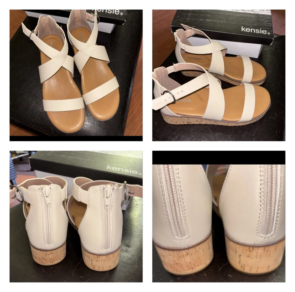 Mujer Talla 10 Marfil Sandalias Zapatos Corcho Cuña Punta Abierta Tobillo Correa Cruzada Cremallera Tacón Foto 2 de 4