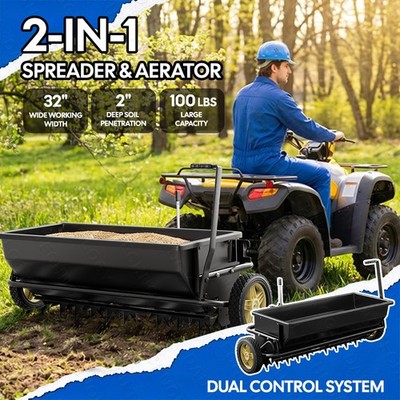 32 Inch Lawn Spreader with Aeration Spikes Tow Behind for ATV UTV Tractor New