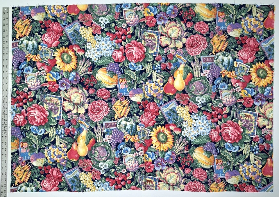 VTG Flowers Produce Seed Packs Allover Print Kessler Concord Cotton Fabric 31" L - Image 2 of 4