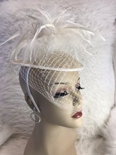 Vintage Ivory Wedding Pillbox Pearl Bridal Birdcage Hat Netted Feathered  Veil