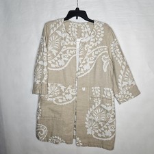 Chico's Women's Linen Blend Open Front Jacket Size 3 LPaisley Floral Print Beige