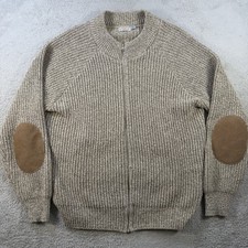 Vintage Orvis Sweater Mens Large Beige Wool Full Zip Ribbed Elbow Patch USA Made